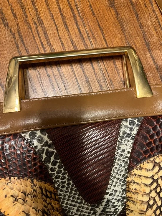 Vintage Caprice 1970’s Tan Leather Satchel with Multicolor Snakeskin Accent - Picture 6 of 12